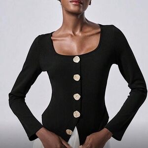 METAL BUTTON Black Square Neck Long Sleeve Boutique Top S M L XL